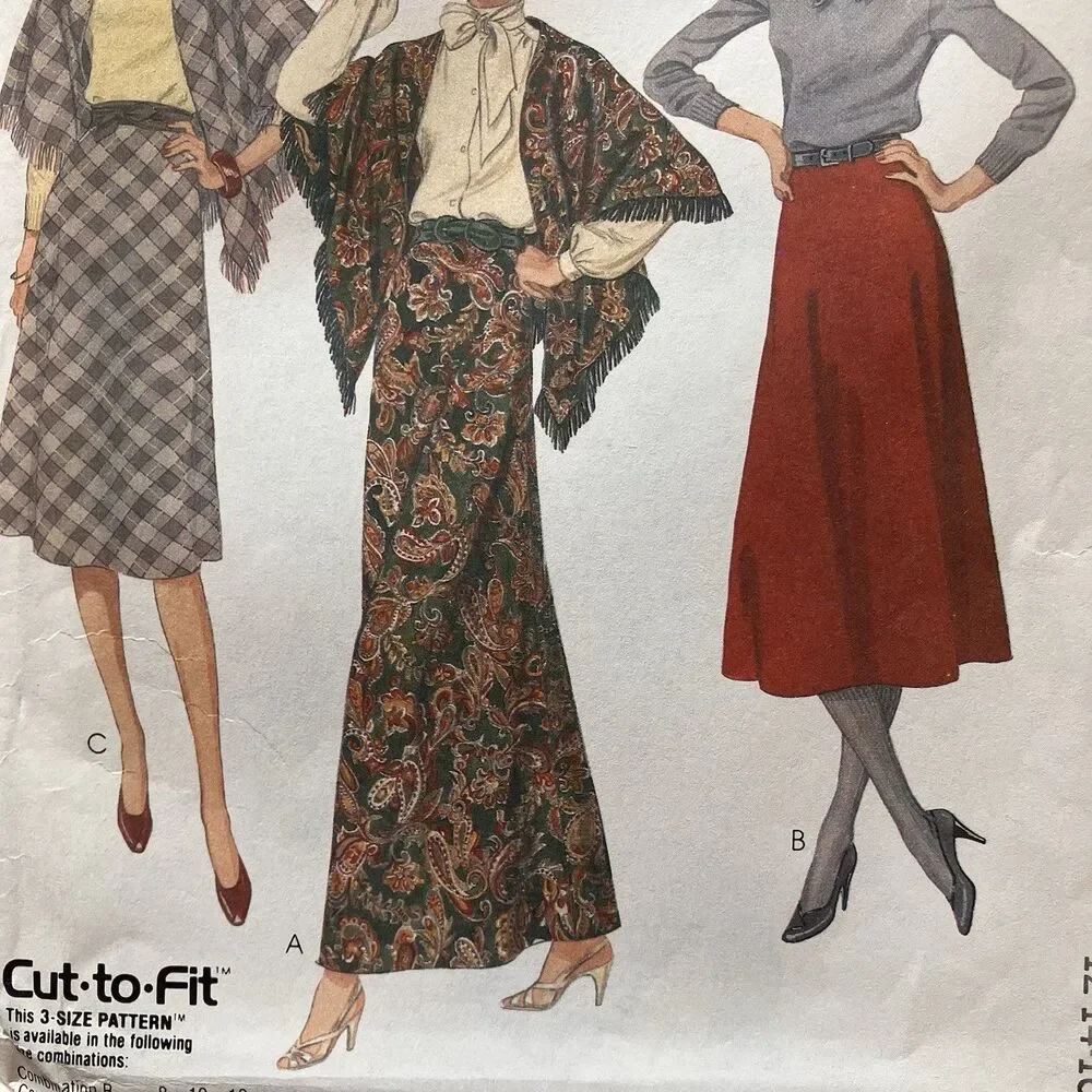 1 New Vintage‎ 1981 McCall's 7658 Flared Bias Skirt In 3 Lengths & Shawl Pattern